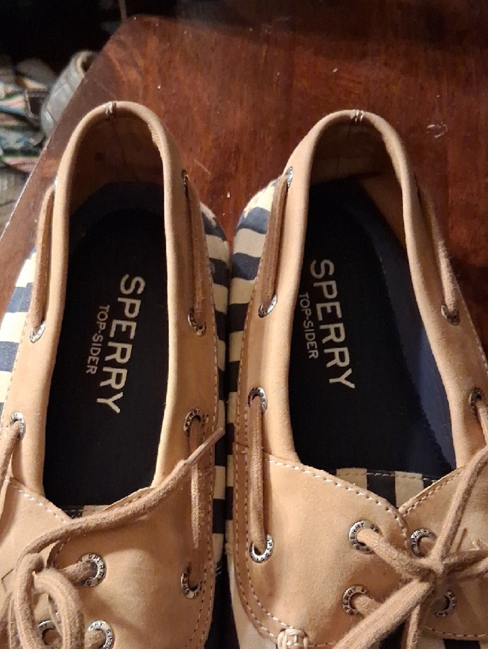 Sperry Navy and Tan Striped Canvas Boat Shoes - Picture 2 of 8